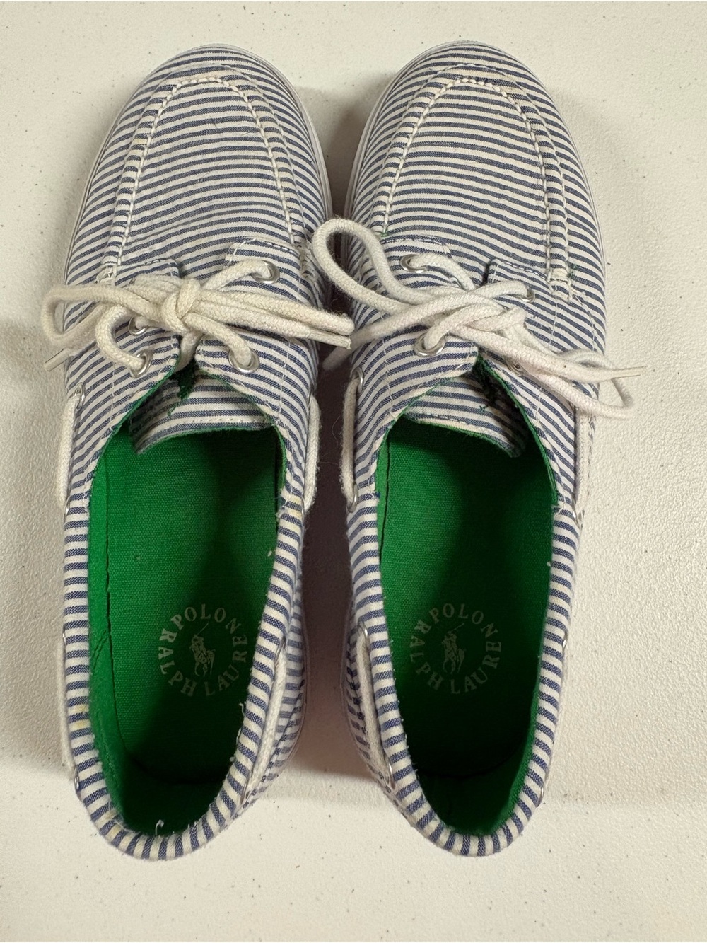 Polo by Ralph Lauren Navy & White Striped Canvas Shoes with Green Insole